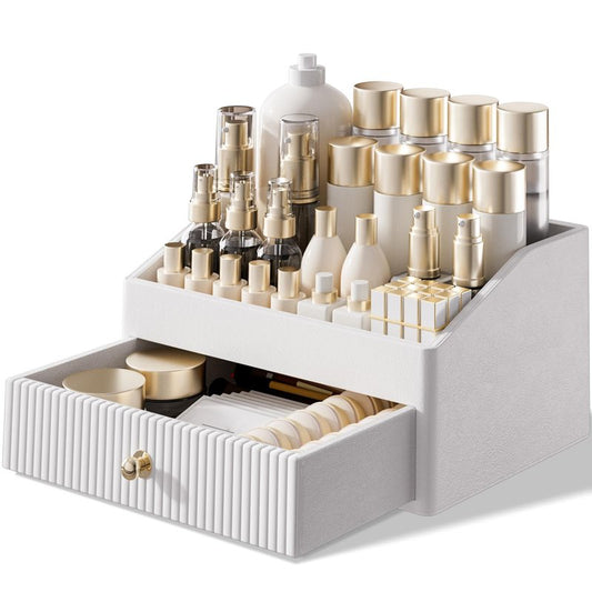 LADSTAG Makeup Organizer,Leather Skin Organizer with 1 Drawer&Tray,Luxury Beige White Makeup Storage for Perfume,Bedroom,Bathroom,Gifts for Women,Womens Gifts (White, 1-Drawer)