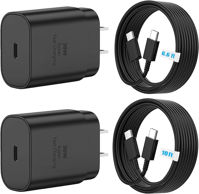 TT&C 4-Piece 30W USB-C Fast Charger Kit with 10FT & 6.6FT Cables, PD 3.0 Wall Block Compatible with iPhone 17 16 15, Galaxy S26 S25 Ultra & iPad (Black)
