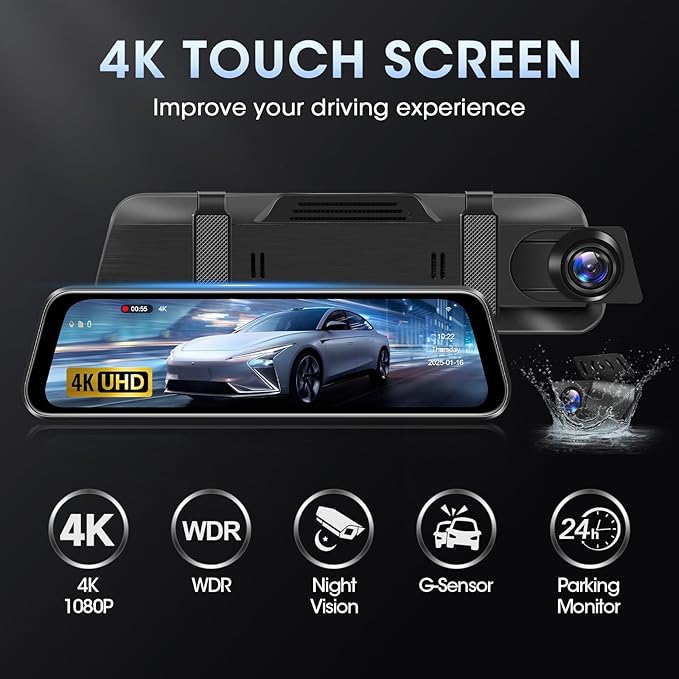 【Limited-Time】 4K WiFi Rear View Mirror Camera 10’’ Mirror Dash Cam Front and Rear w Super Night Vision Dash Cam Mirror w 64G TF Card WiFi App Loop Recording G Sensor Waterproof Reversing Camera