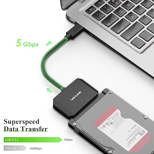 WAVLINK SATA to USB Type-A Hard Drive Cable, 5Gbps USB3.0 to Sata Cable Support UASP, External Hard Drive SATAI/II/III Connector 2.5" SSD/HDD and 3.5" HDD up to 20TB, Power Adapter Included