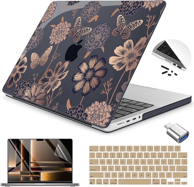 Teryeefi Case for MacBook Pro 14 Inch M5 M4 M3 M2 M1 (2021-2025 2026) Model A3427/A3426/A3434/A3112/A3401/A3185/A2918/A2992/A2779/A2442, Flower & Butterfly