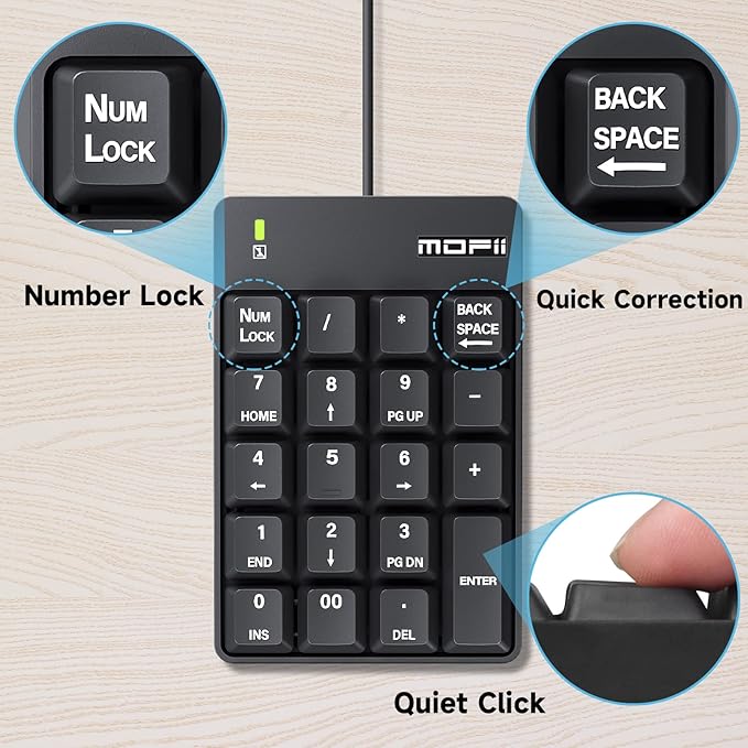 MOFII Number Pad - Black Wired Numeric Keypad Silent 19 Keys USB Numpad, Portable Financial Accounting Keyboard 10 Key for Laptop/Computer/PC/Notebook/Surface Pro