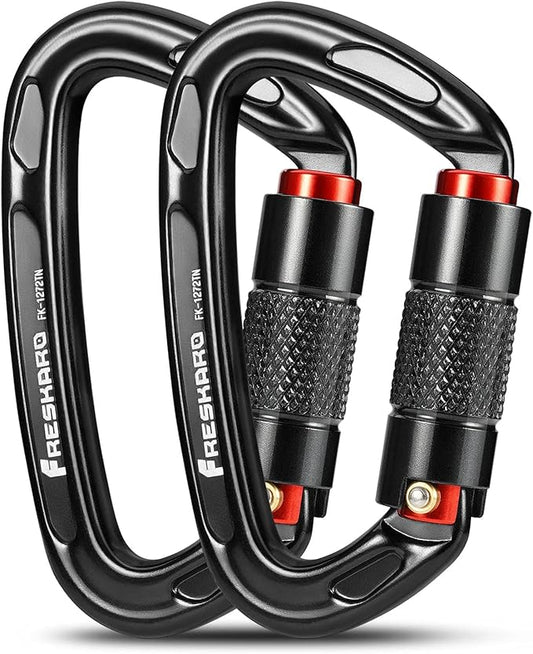 FresKaro Twist Lock Carabiner Clips, Auto Locking and Heavy Duty, Climbing carabeaner Large, for Rock Mountain Tree Climbing, Rappelling, Arborist, Firefighter, Dog, Hammock, Caribeener Keychain Black