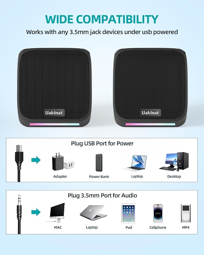 Uakinat Computer Speakers for Desktop PC,USB Powered 3.5mm Aux Speaker for PC (E-1088)