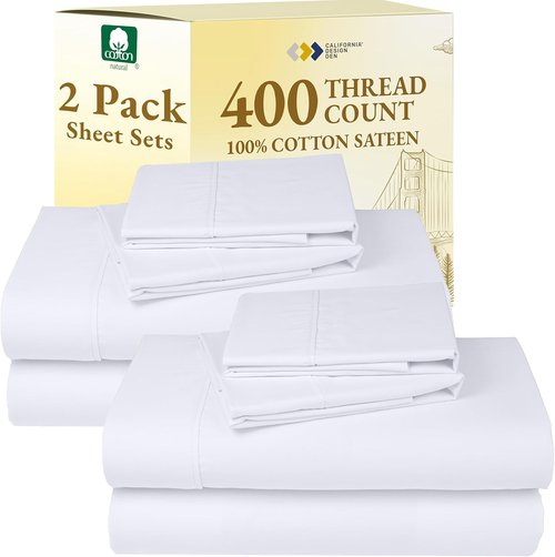California Design Den 400 Thread Count Queen Bedsheet Set - 100% Cotton Sateen, Soft & Breathable - Bright White, Deep Pocket
