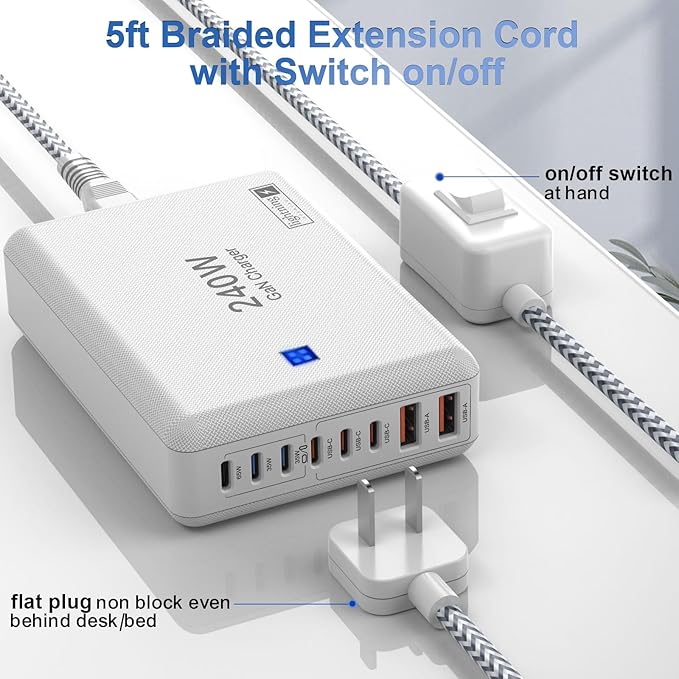 USB C Charger Block 240W, 8-Port Charging Station for iPhone/Ipad/MacBook, 6C2A PD GaN Charger Box, USB Tower Hub with Flat Plug, Travel Essentials