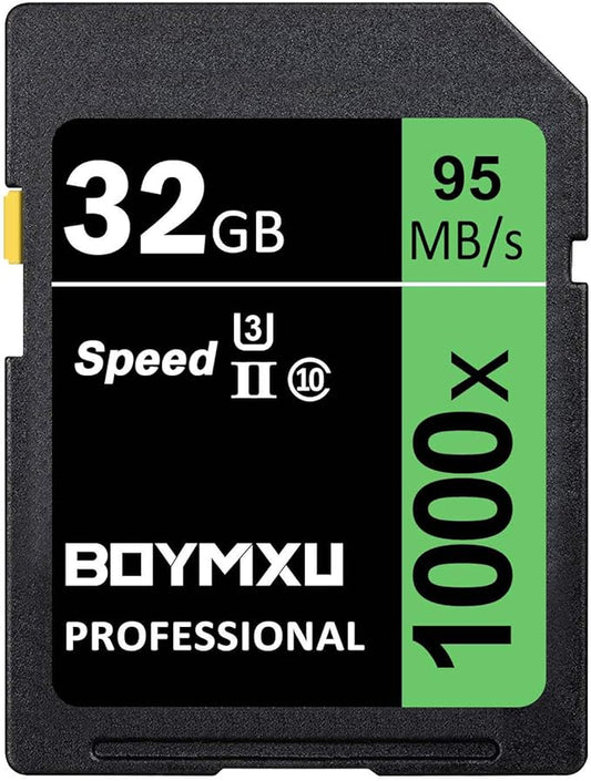 BOYMXU Professional 1000x Class 10 U3 Memory Card - 32GB, Compatible with Computers, Cameras & Camcorders, Up to 95MB/s Read Speed, Green/Black