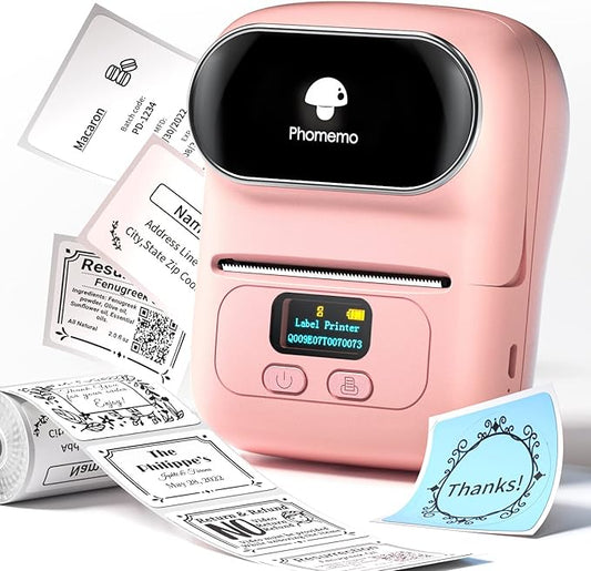 Memoqueen Thermal Label Maker - M110 Barcode Label Printer Portable Bluetooth Labeler Maker Machine for for Small Business, Address, Logo, Clothing, Mailing, with 40x30mm Label, Pink