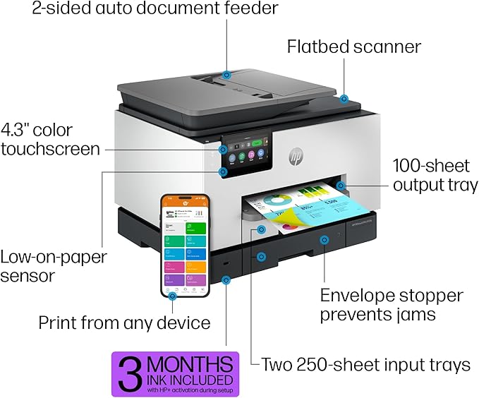 HP OfficeJet Pro 9135e Wireless All-in-One Color Inkjet Printer, Print, scan, Copy, fax, ADF, Duplex Printing Best-for-Office, 3 Month Instant Ink Trial Included, AI-Enabled (404M0A)