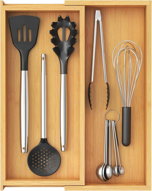 Lifewit Utensil Organizer for Kitchen Drawer, Expandable Cooking Utensil Tray, Cutlery Silverware Flatware Holder, Wood Adjustable Spatula Tools Storage Divider, 7-12 x 15.75", Natural