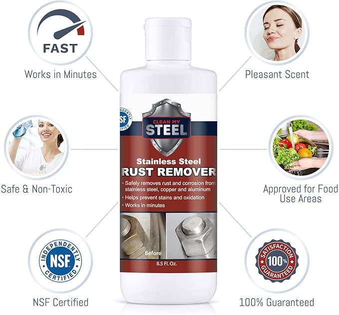 CLEAN MY STEEL â Stainless Steel Rust Stain Remover Kit with Protector â Fast Acting for Commercial Equipment Rust Cleaner for Appliances, Grills & More â Food-Safe Stainless Steel Cleaner (4 oz)