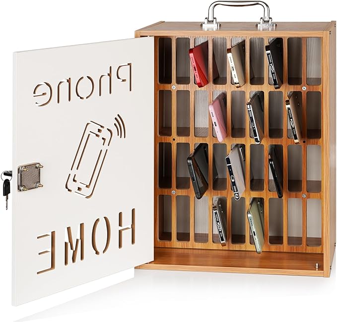 Lzttyee Cell Phone Holder Classroom 36 Slots Wooden Cell Phone Storage Cabinet Pocket Chart with Handle and Security Lock for Classroom Office (36 Grid Cabinet Cherry)