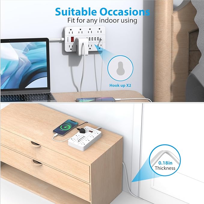 SMNICE Power Strip with USB, Power Strip Flat Plug with 8 Widely Spaced Outlets and 6 USB Ports(1 USB C), 5ft Extension Cord Wall Mountable Phone Tablet Laptop Computer Multiple Devices