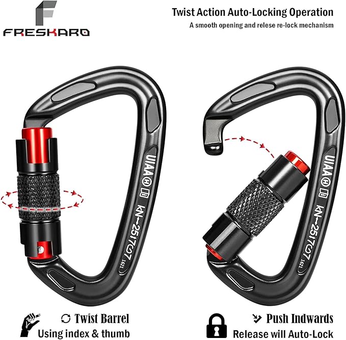 FresKaro Twist Lock Carabiner Clips, Auto Locking and Heavy Duty, Climbing carabeaner Large, for Rock Mountain Tree Climbing, Rappelling, Arborist, Firefighter, Dog, Hammock, Caribeener Keychain Black