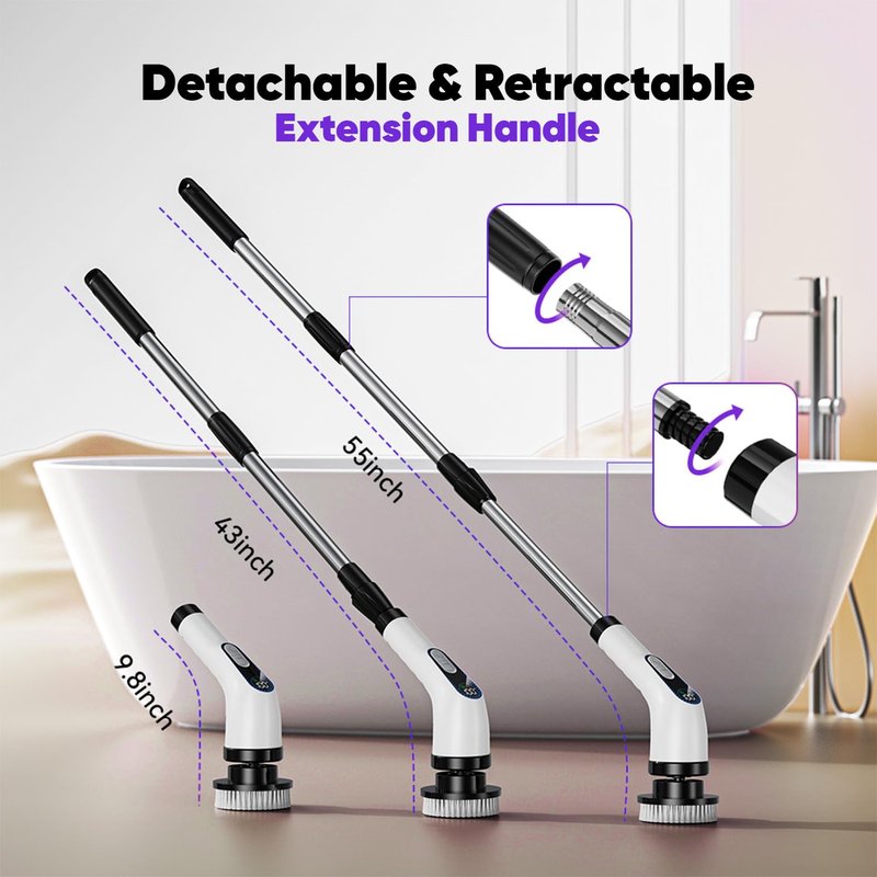 848 Store Electric Spin Scrubber Cordless – Powerful Bathroom Cleaning Brush with Long Handle, 2 Speeds, 3000mAh Rechargeable, 7 Brush Heads, Wall Hanger & Crevice Tools – Shower, Tub & Tile Cleaner