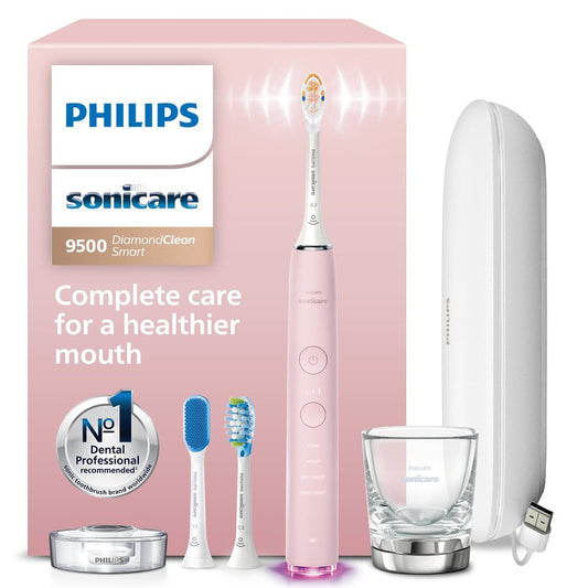 Philips Sonicare DiamondClean Smart 9500 Electric Toothbrush - Sonic Toothbrush with App, Pressure Sensor, 15 Brushing Settings, Replacement Reminder, USB Charging Travel Case, Pink, Model HX9923/21