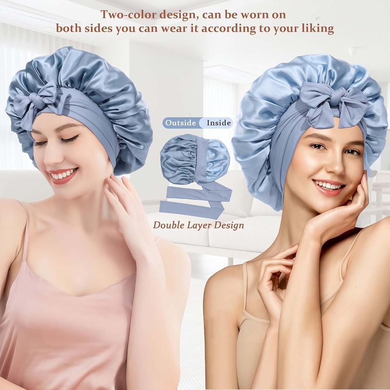 Mulberry Silk Bonnet for Sleeping | Double Layer Reversible Hair Wrap - Haze Blue & Sky Blue