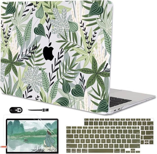 LCMOCICO for MacBook Air 13 inch Case 2021 2020 2019 2018 for Mac A2337 M1 A2179 A1932 Cover with Touch ID, Crystal Plastic Hard Shell Case Keyboard Skin Screen Protector, Tropical Green Leaves