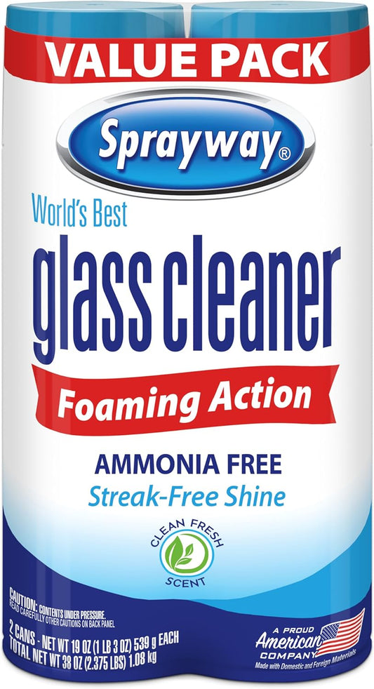 Sprayway Glass Cleaner - Ammonia-Free Foaming Aerosol Spray, 19oz, Pack of 2 | Streakless & Fast-Acting Clean | Fresh Scent, Removes Fingerprints & Dust