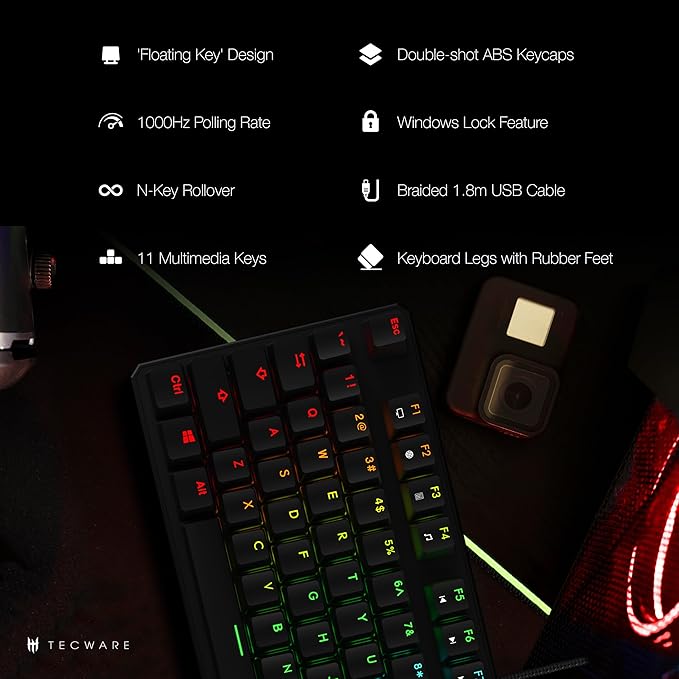 TECWARE Phantom 87 Key RGB Mechanical Gaming Keyboard | Outemu Red Switch | 16.8M Color LED Lighting | 18 Pre-Set | Low Latency | N-Key Rollover | Software Customizable Keys | Wired USB Connection