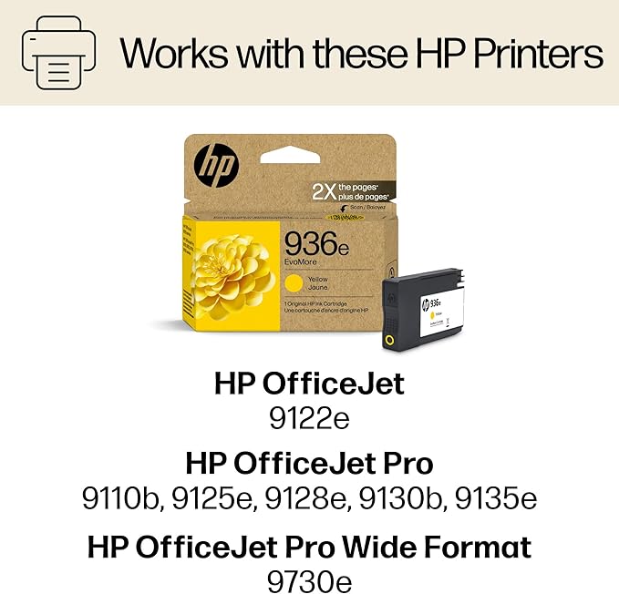 HP 936e Yellow EvoMore Ink Cartridge | Works with OfficeJet 9120, Pro 9100, Wide Format 9700 | Carbon Neutral | 4S6V5LN