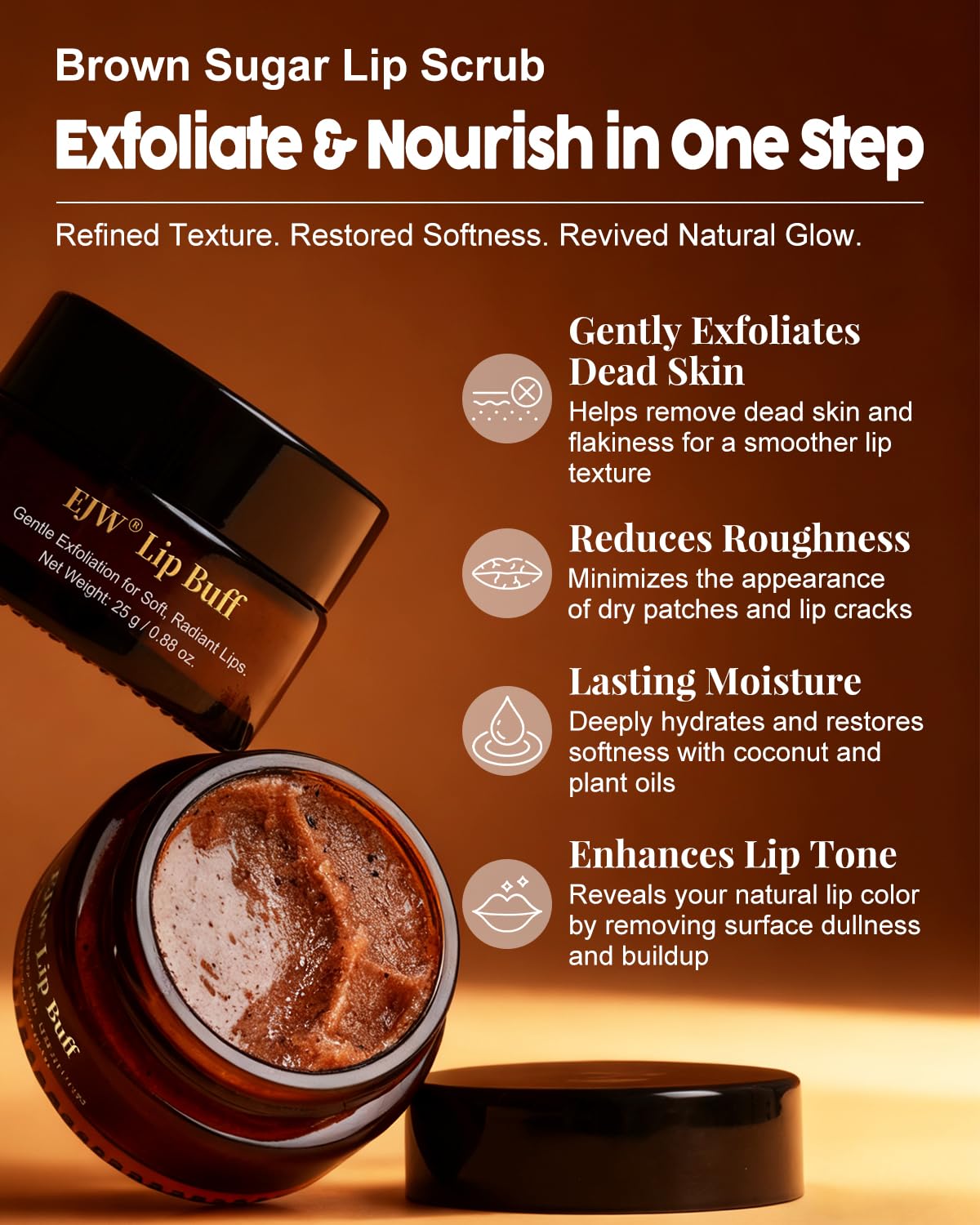 Triple-Action Lip Scrub - Brown Sugar, Coffee & Pearlite Exfoliator - Infused with Coconut & Botanical Oils for Nourishing Care of Dry, Cracked Lips - Vegan, Cruelty-Free