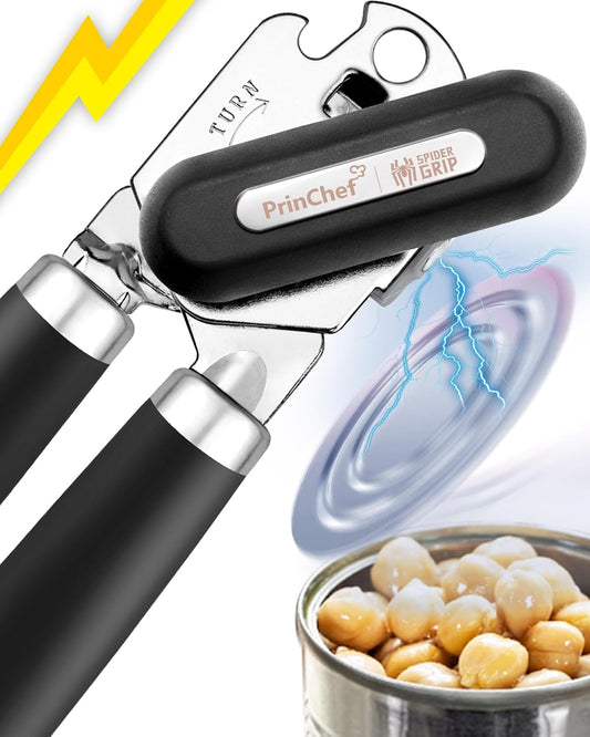 PrinChef Manual Can Opener - Smooth Edge Design for Seniors | Comfortable Grip & Reinforced Gear, Black