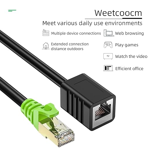 Weetcoocm Ethernet Extension Cable 1.5ft, Network Cat6a Extension Patch Cable RJ45 Cords Shielded Male to Female Connector (1.5FT)