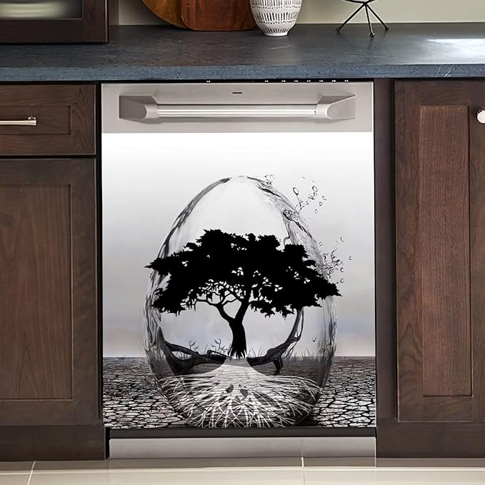 Abstract Art Dishwasher Cover Decoration Tree of Life Decal Magnetic Cover for Dishwasher Front Door Egg Shape Magnet Sticker Kitchen Dishwasher Decor Panel 23x26inch
