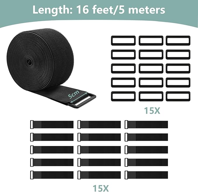 WSZJINB 2In x 16Ft Cable Straps Heavy Duty With 15 Buckles, Black Hook and Loop Straps, Reusable Cable Ties for Organizer or Storage