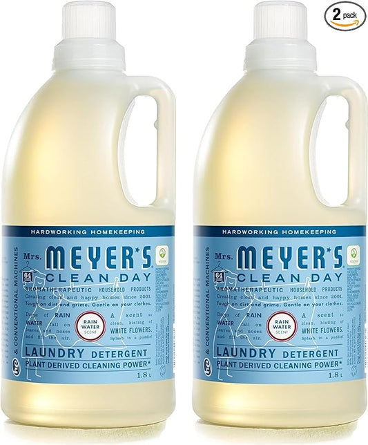 MRS. MEYER'S CLEAN DAY Liquid Laundry Detergent, Infused with Essential Oils, Rain Water, 64 oz - Pack of 2 (128 Loads)