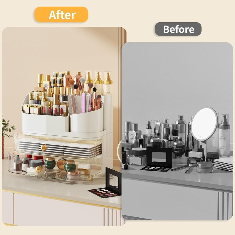 Makeup Organizer for Vanity - Large Rotating Cosmetic Organizer with Drawers | White Countertop Storage for Skincare, Perfume, Lipsticks, Nail Polish