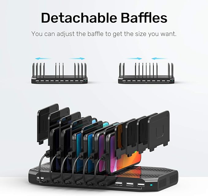 【10PCS】 Unitek Multi Charging Station, 10-Port USB Charger for Multiple Device with SmartIC Tech and Adjustable Dividers, Organizer Stand Compatible with iPad, Tablet, Kindle, iPhone - 10PCS, Black