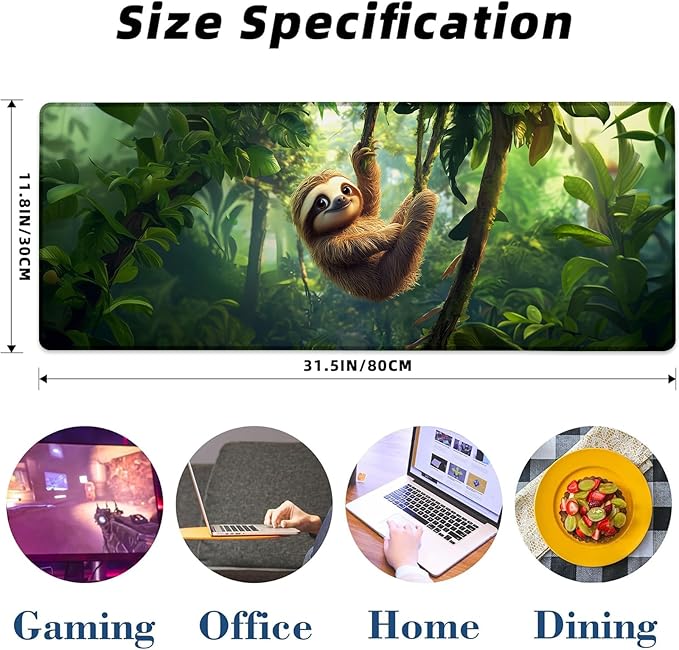 Kibue Sloth Gaming Mouse Pad Extended Desk Computer Keyboard Laptop Mouse Pads for Gaming Home Office Work, Large Long Desk Mat Mousepad with Non-Slip Rubber Base 31.5×11.8inch(16)