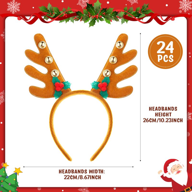 Riceshoot 24 Pcs Christmas Antler Headband Reindeer Headband Deer Plush Ear Antler Hair Hoop Beauty Accessory for Xmas Party