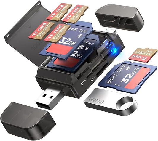 6-in-1 SD/TF Card Reader Adapter with SD Card Storage USB A & Type C Port & USB 3.0 Slots for Micro SD/SDHC/SDXC/MMC Memory Cards, Compatible with PC, MacBook, Chromebook, Android Phone, i-Phone
