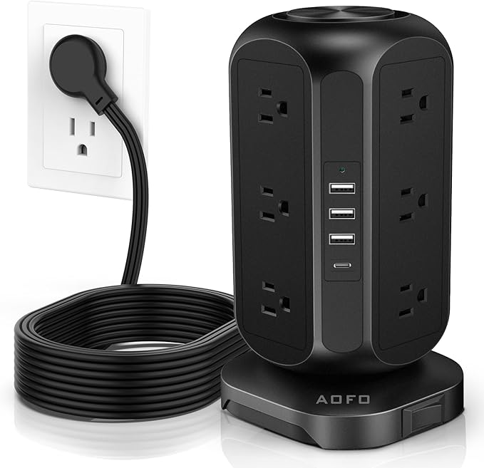 Power Strip Tower AOFO 12 AC Outlets with 4 USB(1 USB C) Ports Charging Station with Overload Protection, Widely Spaced Multiple Outlets with 10Ft Extension Cord for Home,Dorm & Office