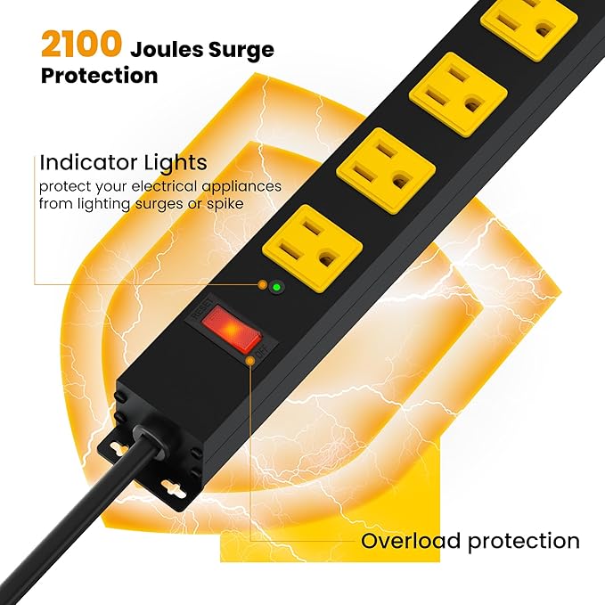 Metal 12 Outlet Mountable Power Strip, 2100J Surge Protector with Heavy Duty 10ft Extension Cord, Wide Spaced and Wall Mount Metal Powerstrip for Garage, Desk, Industrial, Shop and Indoor (10ft)