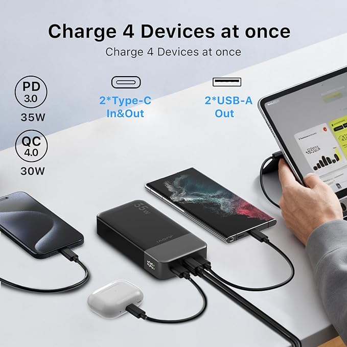 JUOVI Power Bank 35W 20000mAh Portable Charger Fast Charging，PD 3.0 QC 4.0 Fast Charging Phone Charger with LED Display, Travel Battery Pack 2 USB C 2 USB A Ports for iPhone 16/15/14 Series, Galaxy