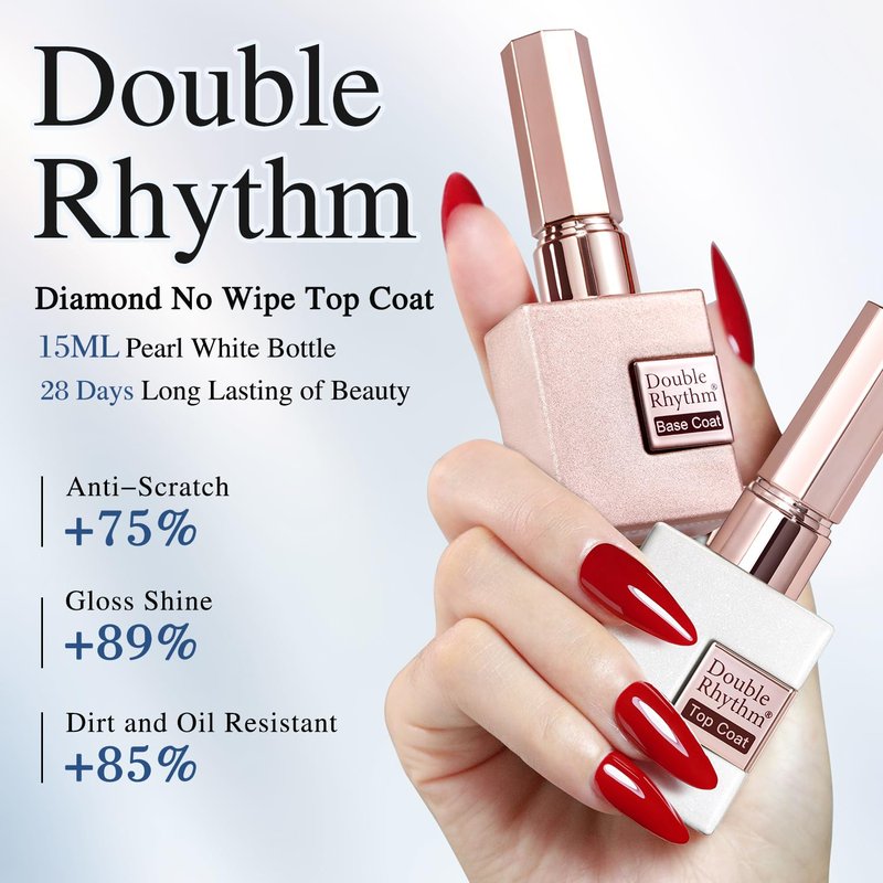 Double Rhythm No Wipe Gel Top Coat & Base Coat Set - 15ML Clear Glossy Polish Kit