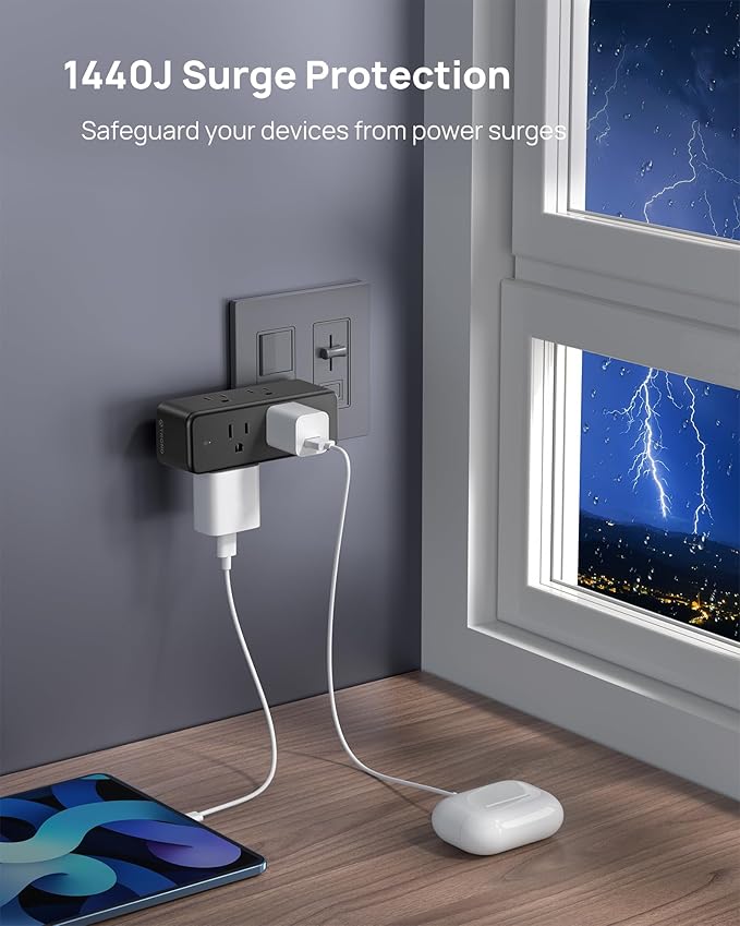 TROND Outlet Extender Surge Protector - 6 AC Outlet Splitter with 360° Rotating Plug, 1440J Multi Plug Expander, 3 Way Charging Station, Wall Adapter for Bathroom Kitchen Travel, Black