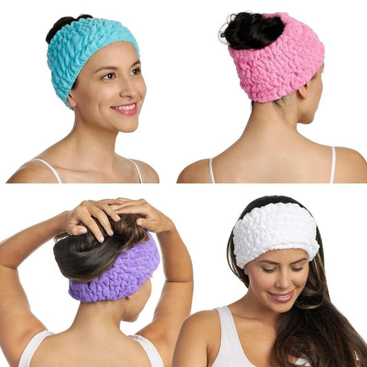Turbie Twist 4-Pack Turbie Band for Beauty, Travel, Gifting - Microfiber Headband for Personal Care - Comfortable, Extra-Wide Spa Headband - for All Hair Types - Pink, Purple, Blue & White
