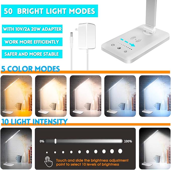 JOSTIC LED Desk Lamp with Wireless Charger, USB Charging Port, Desk Light with 10 Brightness, 5 Color Modes, Dimmable Eye Caring Reading Desk Lamps for Home Office, Touch Control, Auto Timer, White