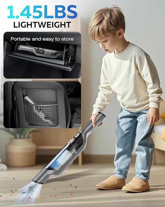 Zefiro Compact & Powerful Cordless Handheld Vacuum, Rechargeable Portable Car Vacuum for Car & Pet Hair, with XL Dust Cup, High-Suction, 2 Brushes & Filters, Long Runtime, Ideal Gift