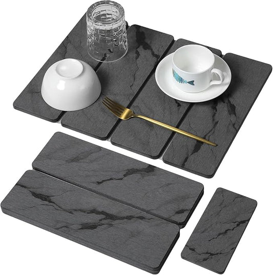 Small Stone Dish Drying Mat for Kitchen Counter, 2 PCS 16"×12" & 8"x4" Quick Dry Stone Mats, Foldable Water Absorbing Diatomite Drying Dish Pad for Countertop Bottles Utensils Cups(Dark Gray Ink)