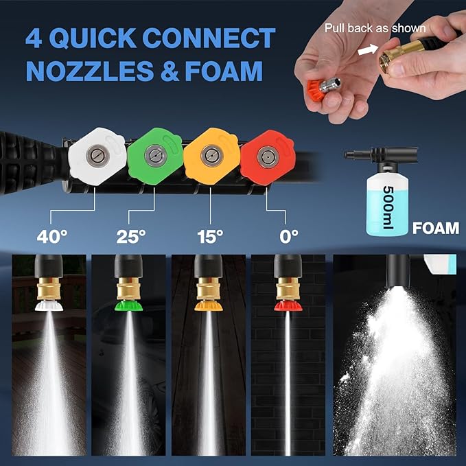 commowner𝐏𝐨𝐰𝐞𝐫 𝐖𝐚𝐬𝐡𝐞𝐫 𝟓𝟎𝟎𝟎𝐏𝐒𝐈 Portable with 33FT Pipe, 4 Nozzle Set for Home/Cars/Fences/Windows, Light Blue