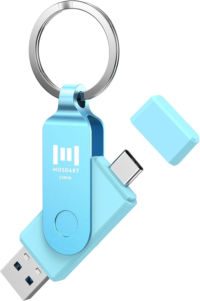 MOSDART 128GB USB C 3.2 Fast Speed C and A Dual Flash Drive, exFAT Memory Stick with Keychain and LED Indicator, for iPhone 15,16,17, Android Phone, iPad, MacBook, and Other Laptops, Sky Blue