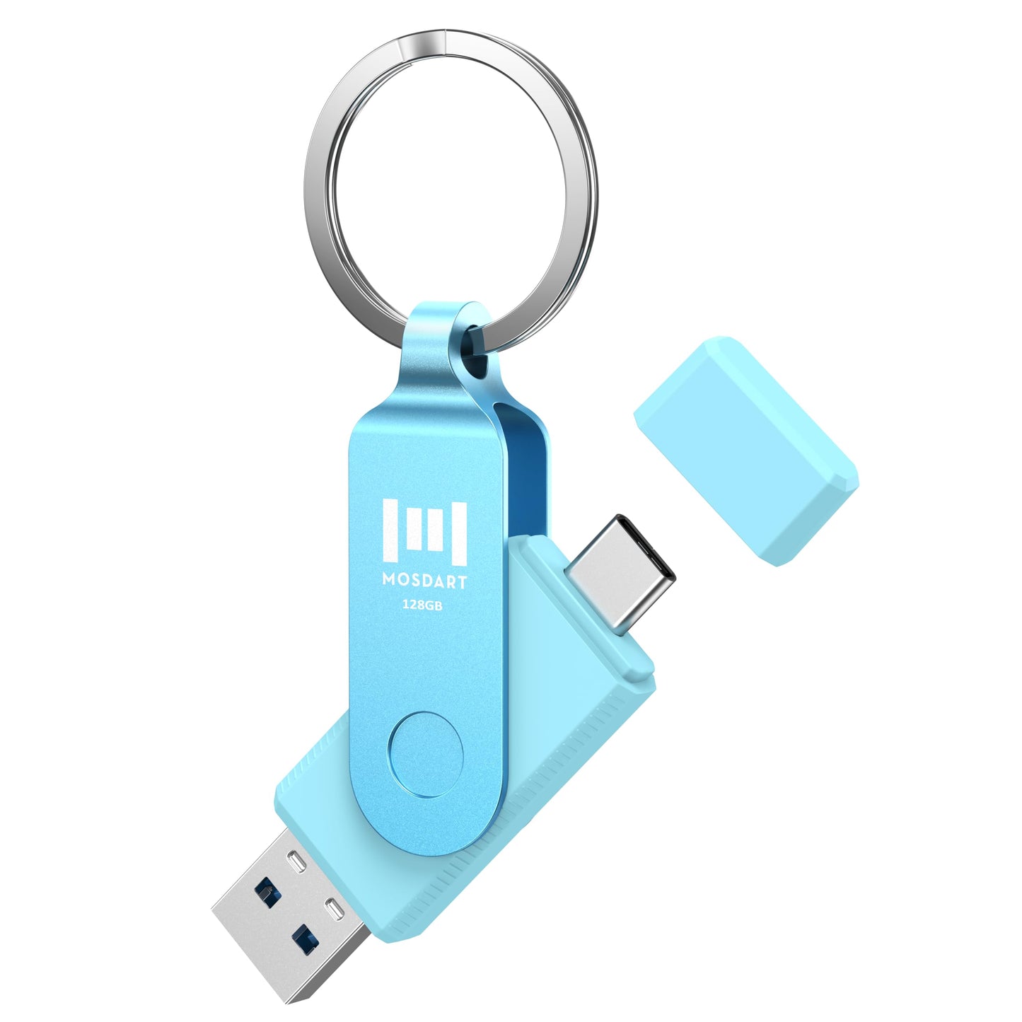 MOSDART 128GB USB C 3.2 Fast Speed C and A Dual Flash Drive, exFAT Memory Stick with Keychain and LED Indicator, for iPhone 15,16,17, Android Phone, iPad, MacBook, and Other Laptops, Sky Blue