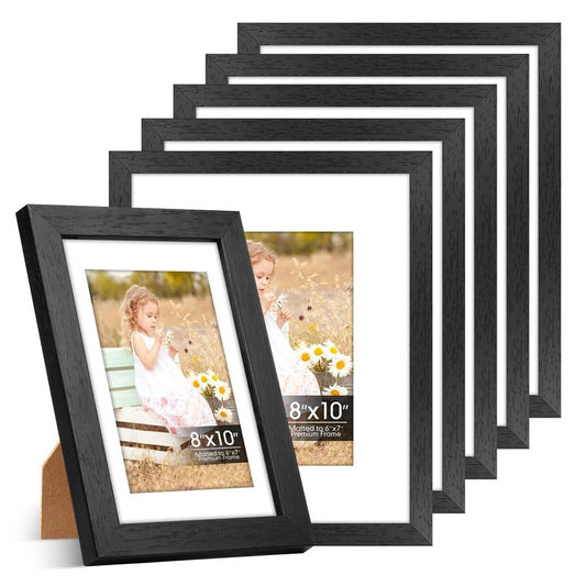 Veelot 8x10 Picture Frame Set of 6 with Shatter-Resistant HD Plexiglass - Use as 5x7 Frame with Mat or Display 8x10 Photo Without Mat - Thin Border Picture Frames for Tabletop Display Black