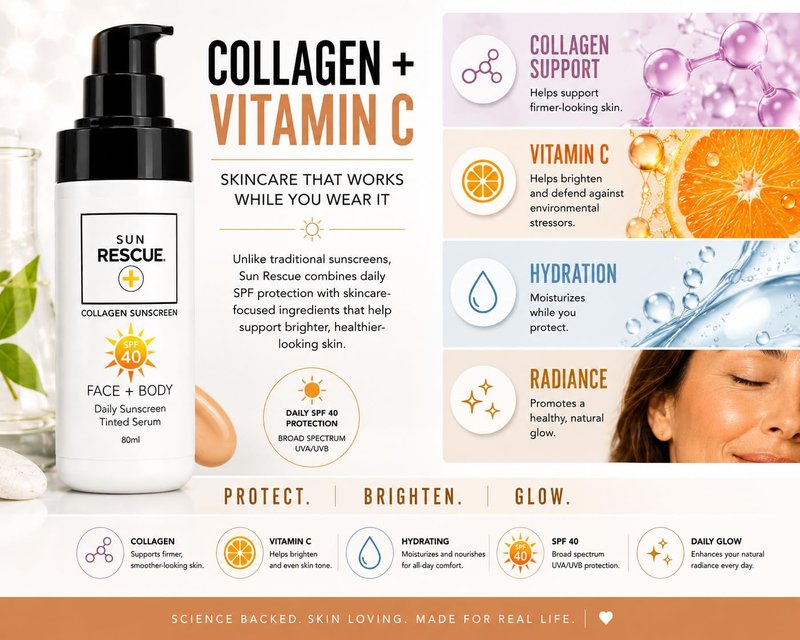 Sun Rescue SPF 40 Tinted Moisturizer -Face & Body, 2-Pack | Collagen + Vitamin C Broad Spectrum UVA/UVB Protection | Hydrating Sheer Tint for Healthy, Radiant Skin | 2 x 80ml